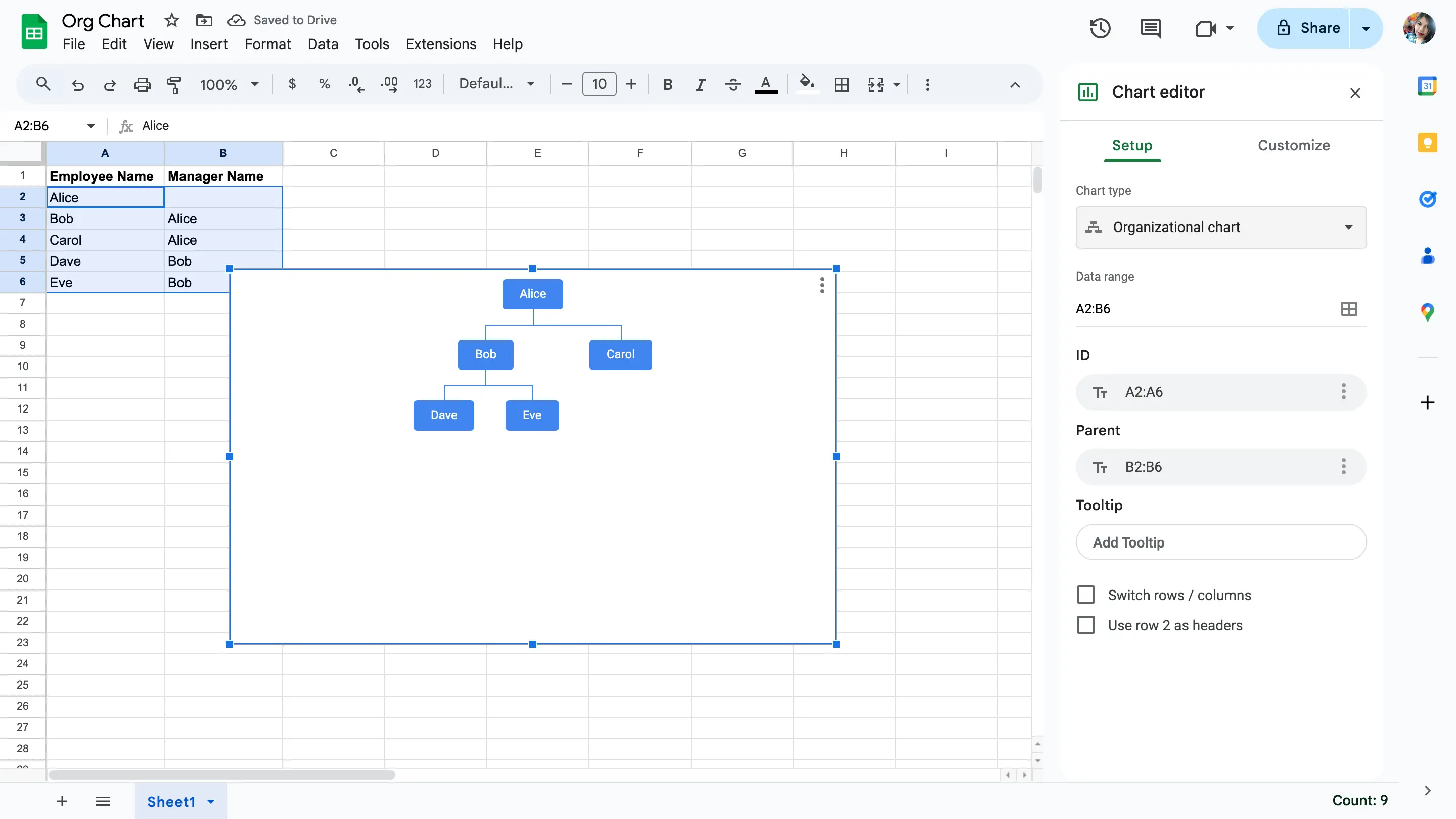 Generate a basic org chart - how to make an org chart in google sheets