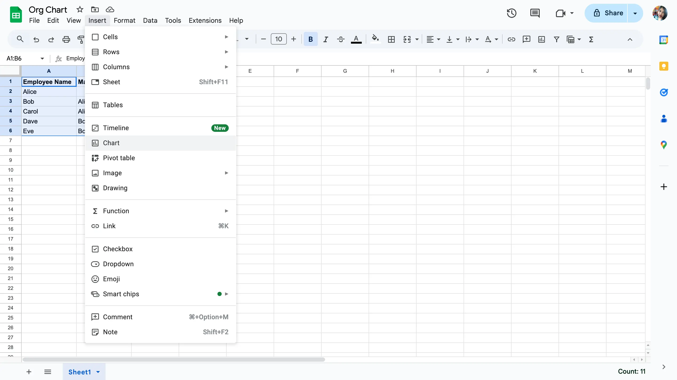 Insert the chart - how to make an org chart in google sheets