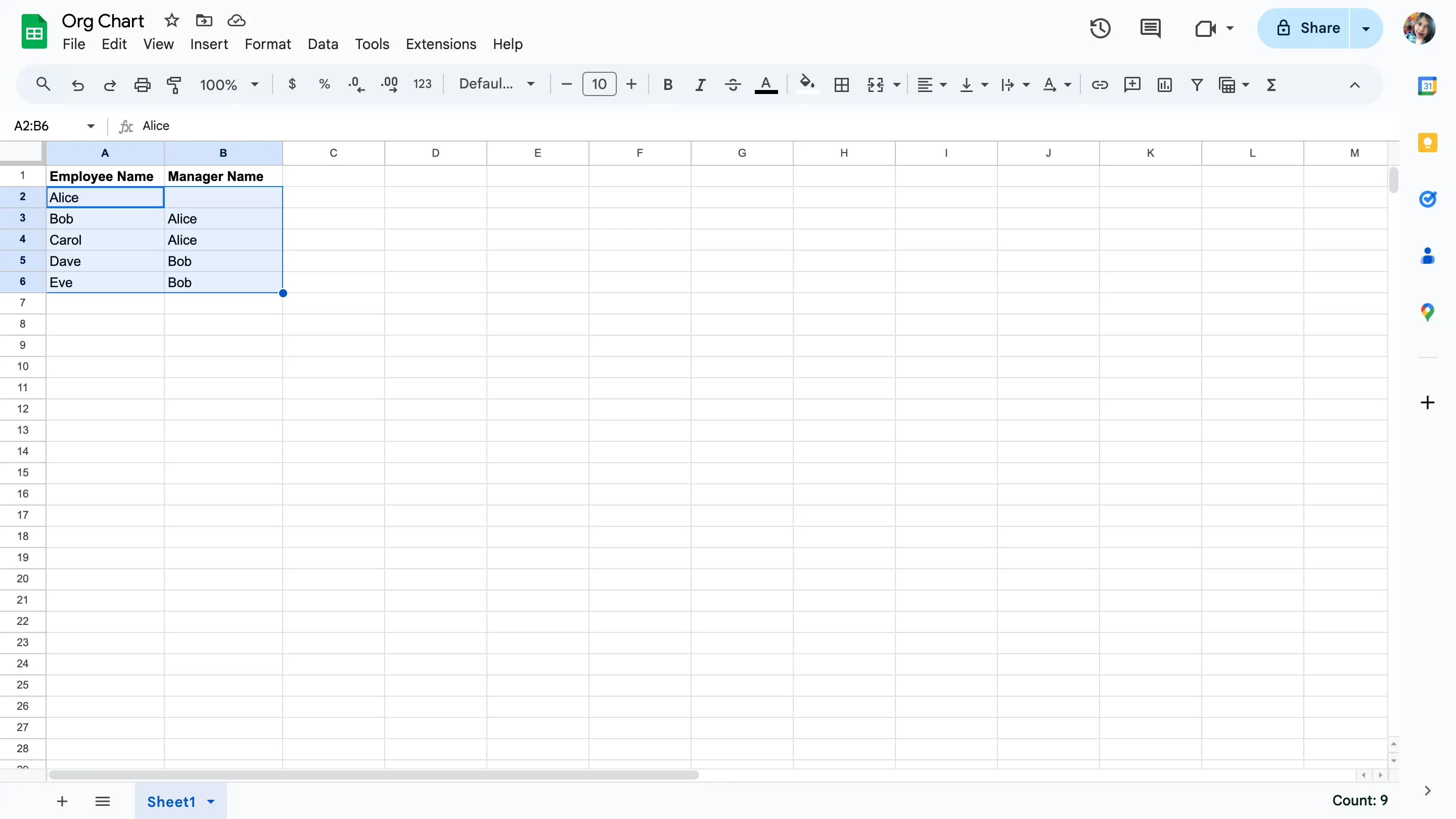 Select the data range - how to make an org chart in google sheets