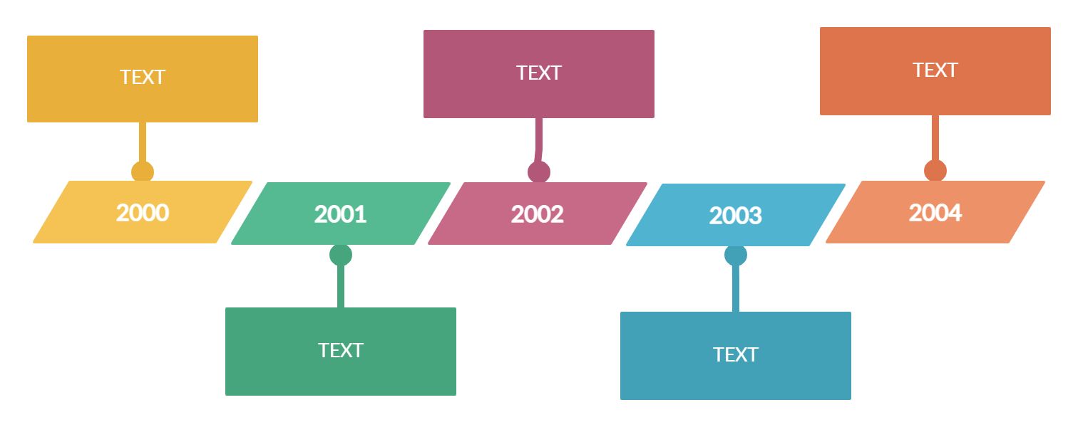 Colorful timeline dong using recatangles with angled rectangles with year in the middle.