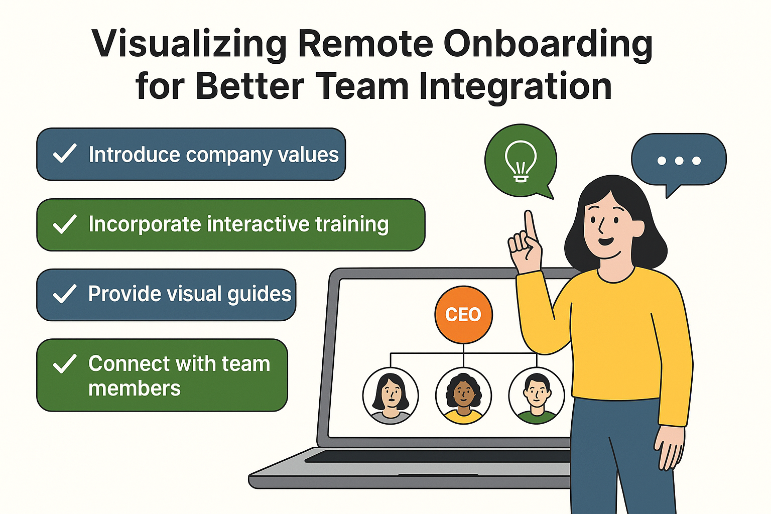Illustration showing remote onboarding tips for better team integration