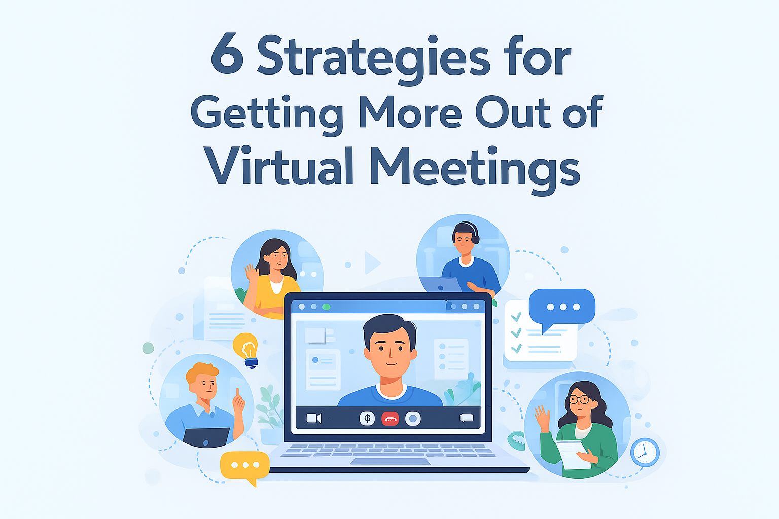 Illustration of a team at a table viewing a virtual meeting on a large screen