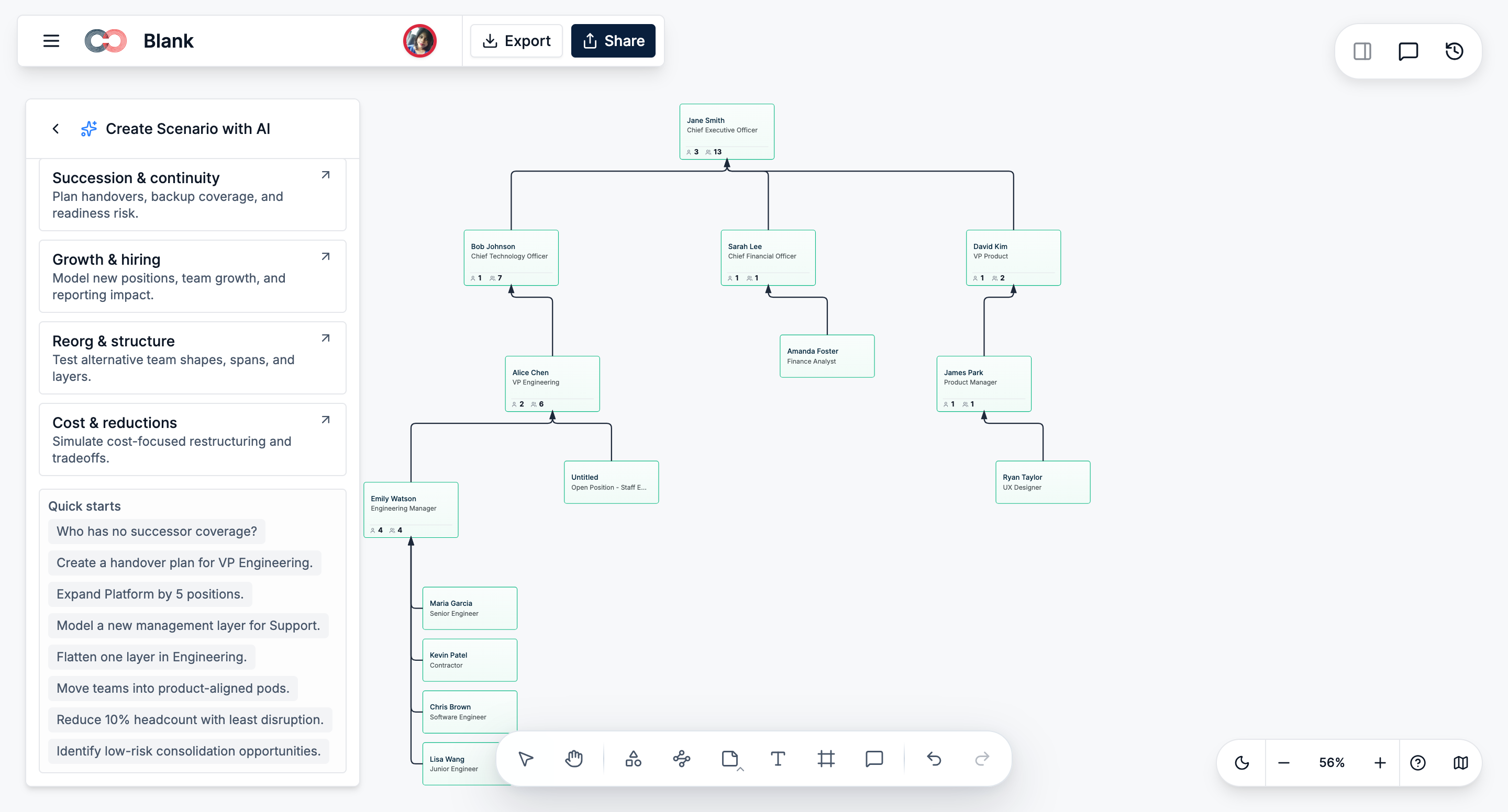 Creately scenarios let you test reporting-line, position, and structural changes without altering the current chart.