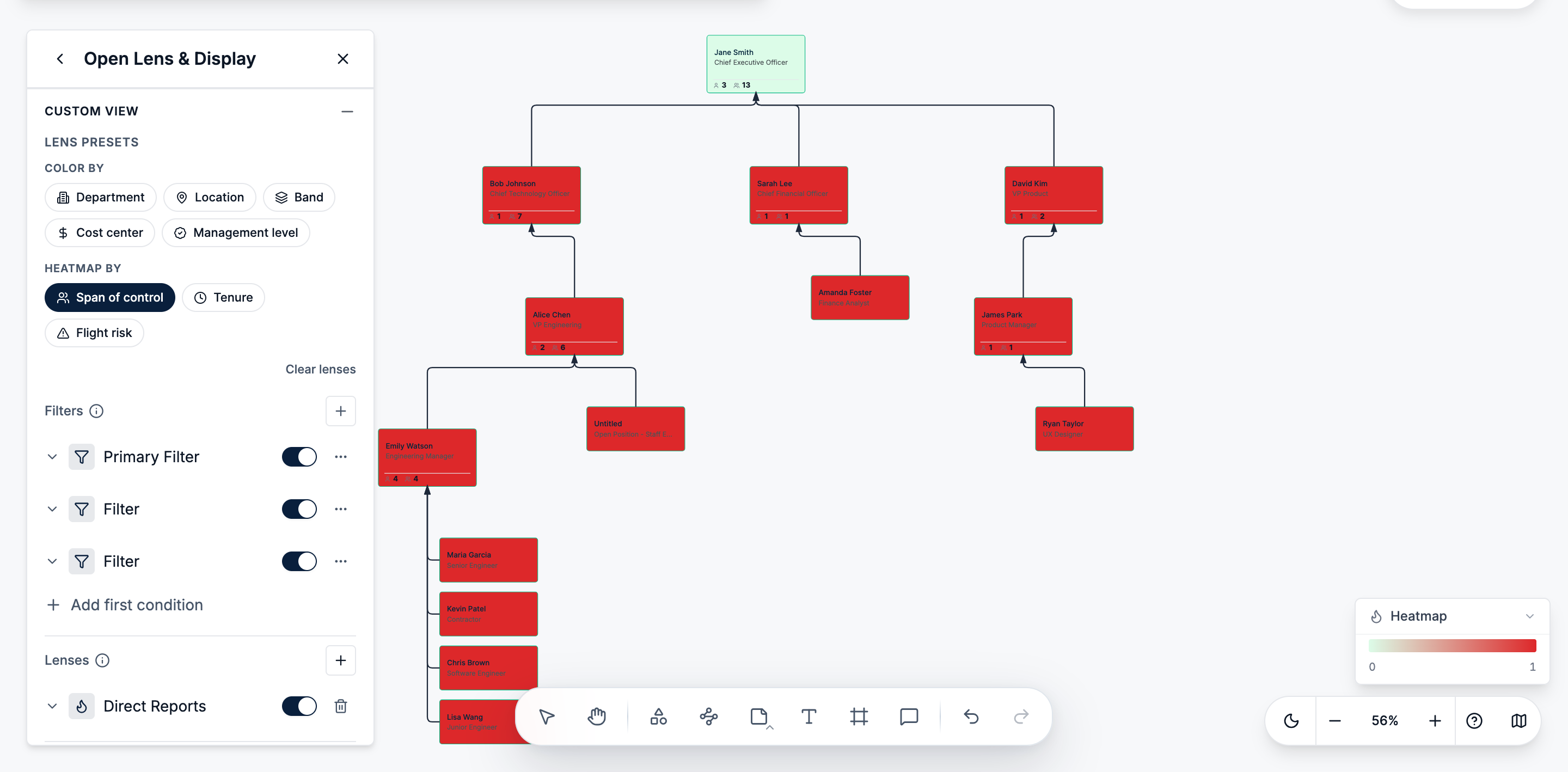Use Creately’s search, filters, and chart views to focus on specific departments or identify records that need attention